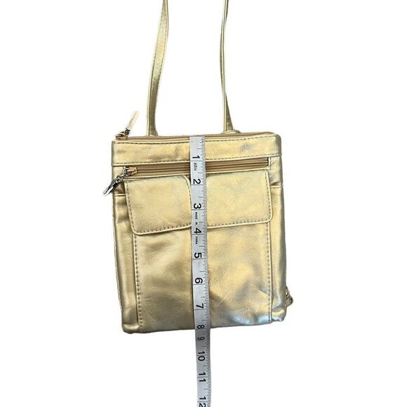 Metallic Gold Multi Pocket Zip Close Adjustable Strap Cross Body Purse Bag - Picture 7 of 8